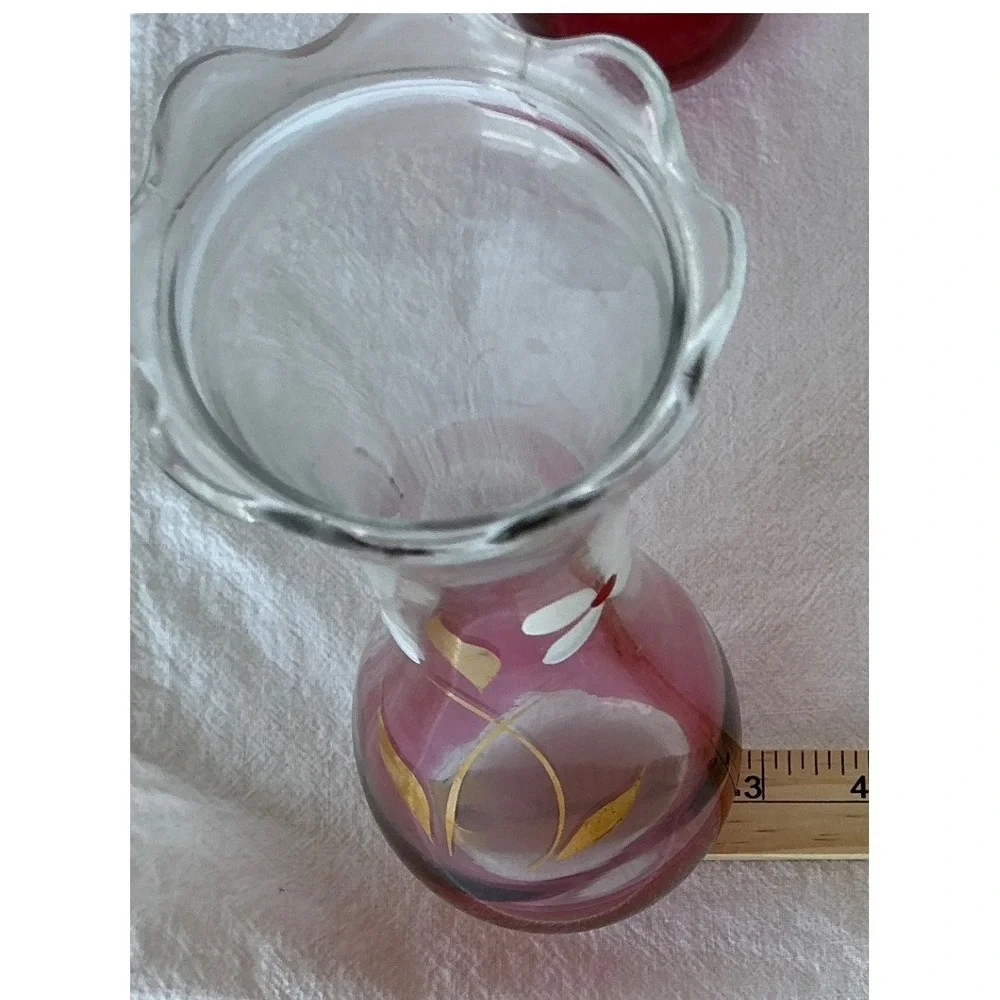 Bartlett Collins Vintage Glass Bud Vases Cranberry Red‎ Hand Painted Floral 8